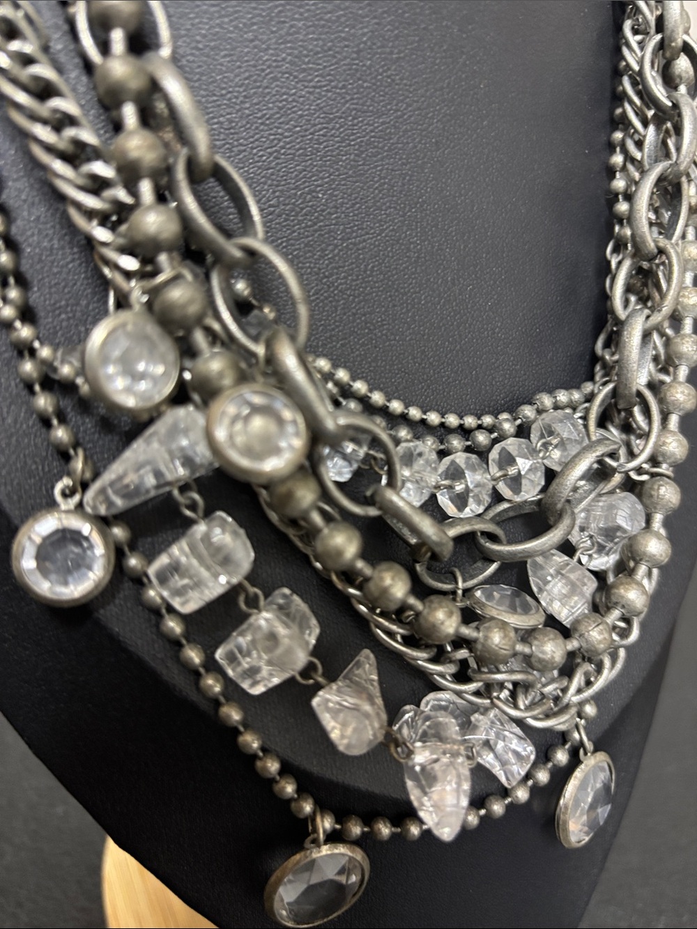 Statement Silver-Tone Layered Multi-Chain Necklace Clear Crystal Acrylic Charms - Picture 5 of 7